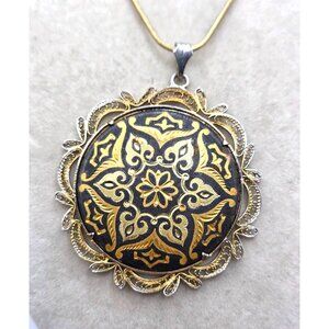 Vintage Damascene Pendant With Filigree Frame